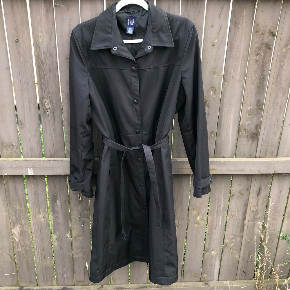 Vintage Y2K GAP Black Long Belted Trench Coat Womens Large Grunge Minimalist - Picture 4 of 16